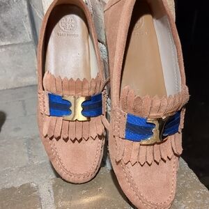 Tory Burch Brown Suede Loafers with Blue Accent  These Shoes Are So Comfortable!